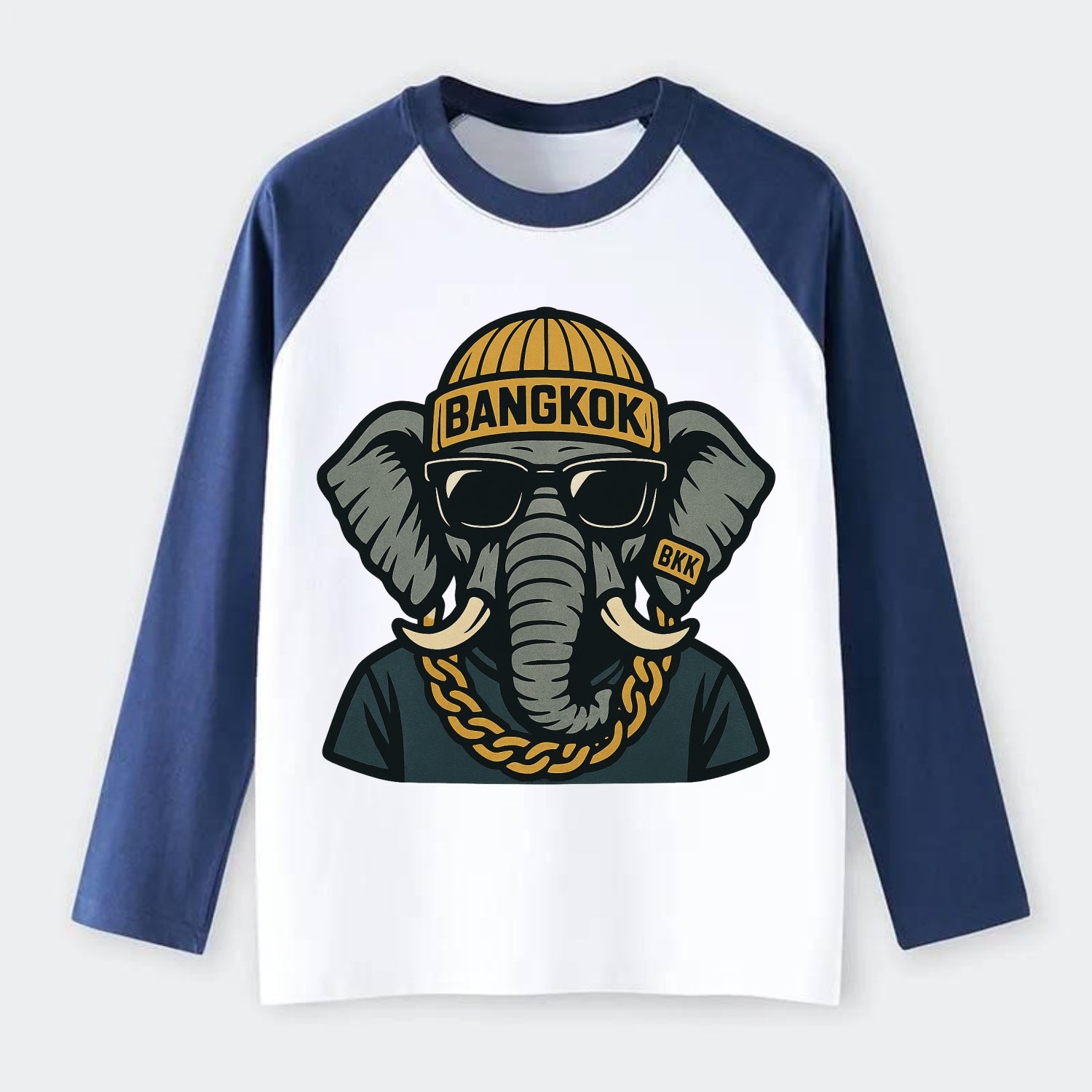 Bangkok Elephant - Raglan Long Sleeve T-Shirt - Blue