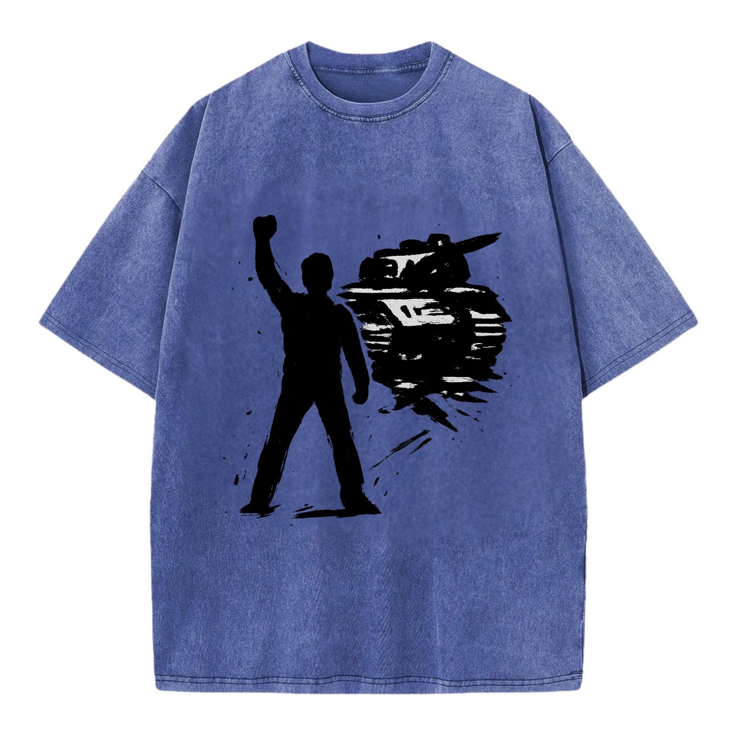 Single figure standing against tank - courage and resistance ink art - Vintage T-shirt - Blue
