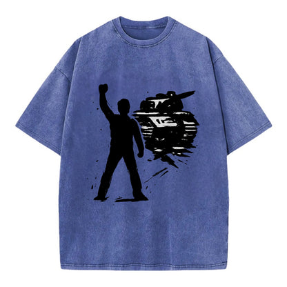 Single figure standing against tank - courage and resistance ink art - Vintage T-shirt - Blue
