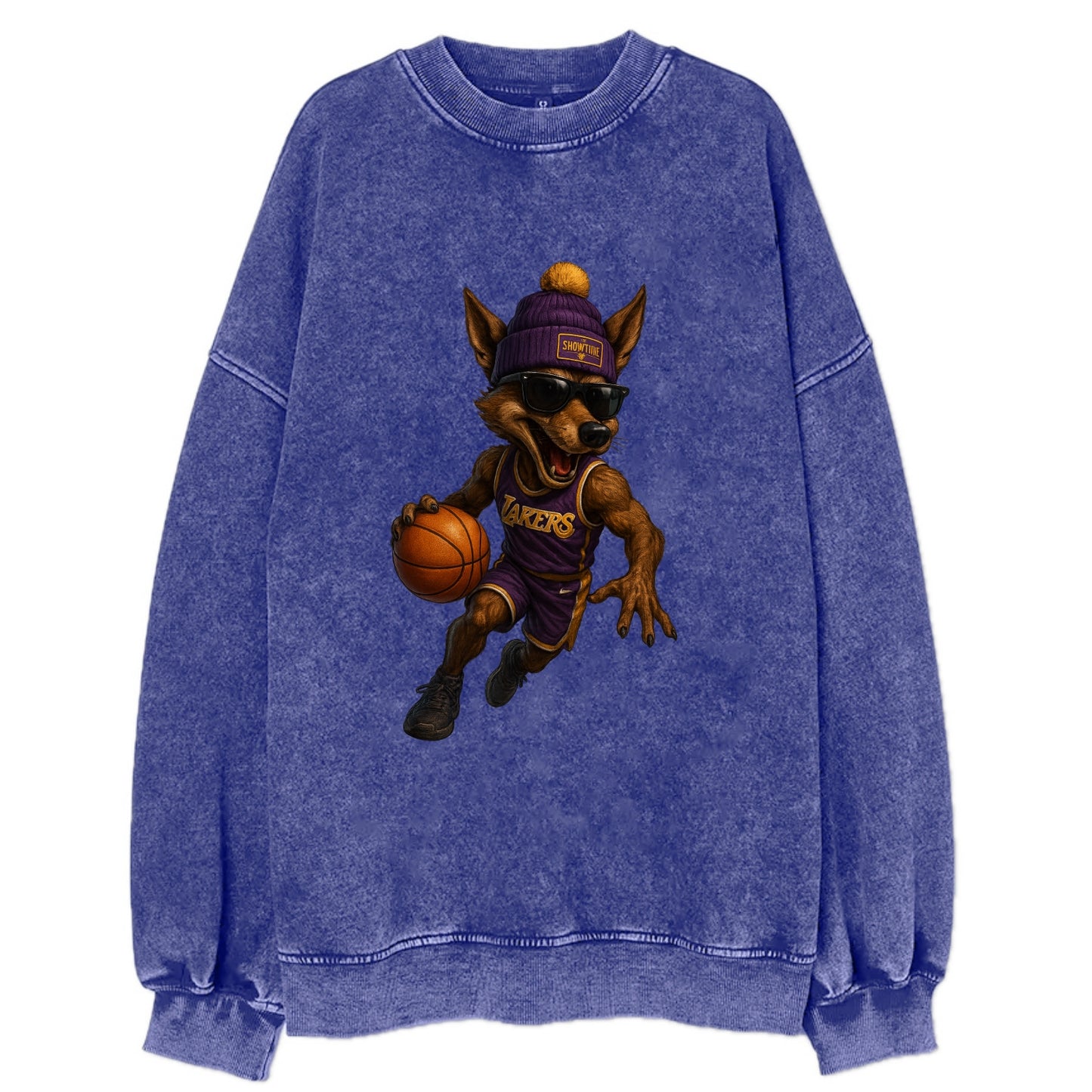 Hollywood Coyote wearing Lakers beanie with Showtime patch and wayfarer - Vintage Sweatshirt - Blue