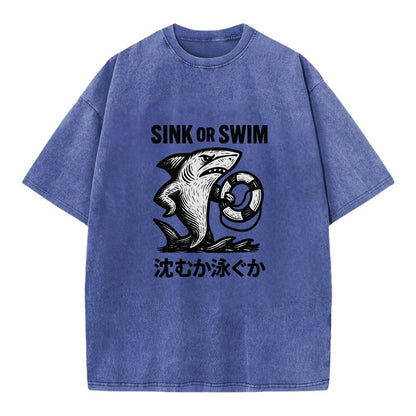 Sink or Swim - Shark holding a life pres Vintage T-shirt - Blue