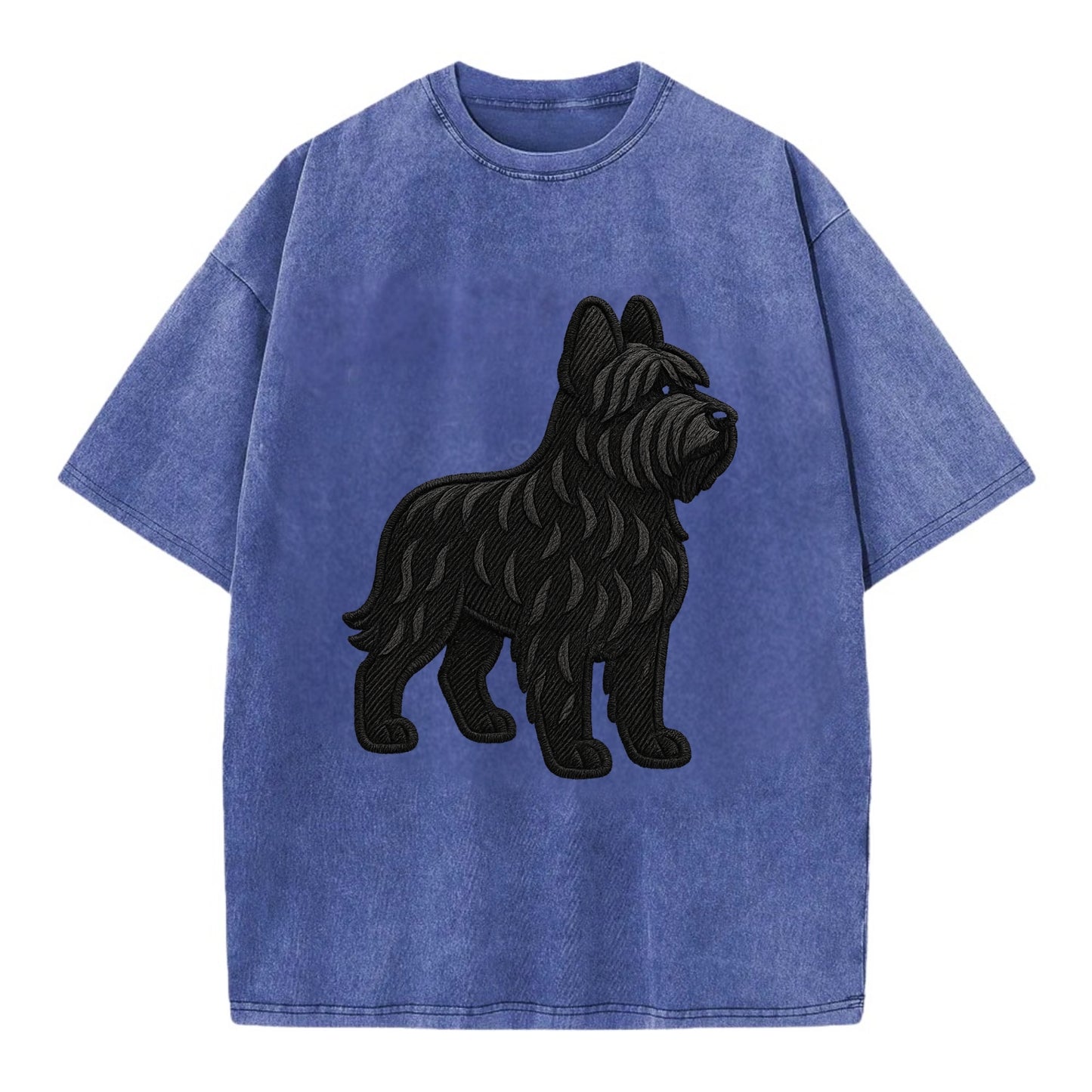Briard - Black wavy coat embroidered herding pose - Vintage T-shirt - Blue
