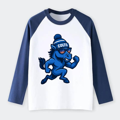 Indianapolis Colt Horse wearing Colts blue and white beanie with pom - Raglan Long Sleeve T-Shirt