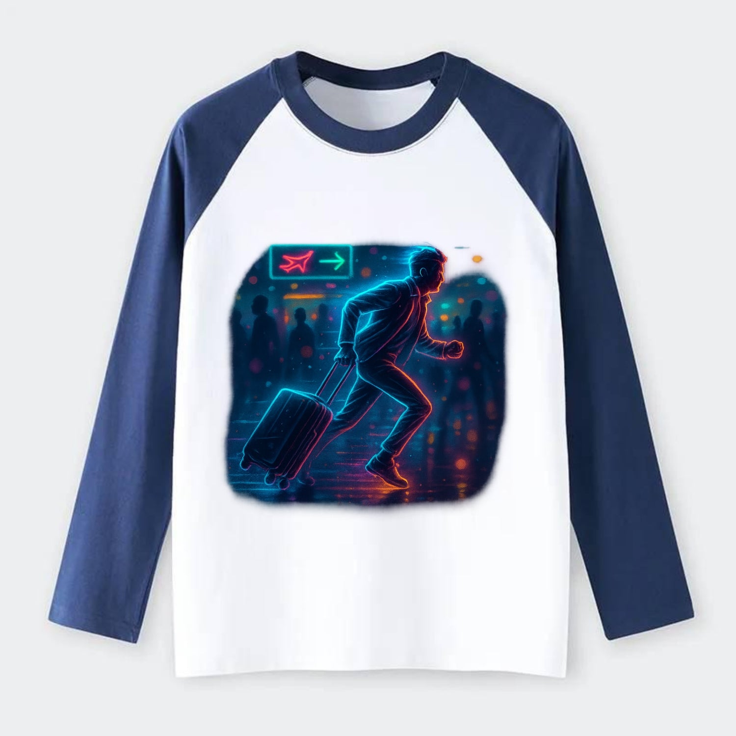 person running with luggage through crowded airport terminal - Raglan Long Sleeve T-Shirt - Blue