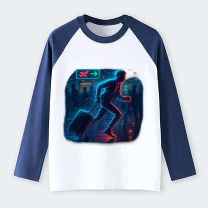 person running with luggage through crowded airport terminal - Raglan Long Sleeve T-Shirt - Blue
