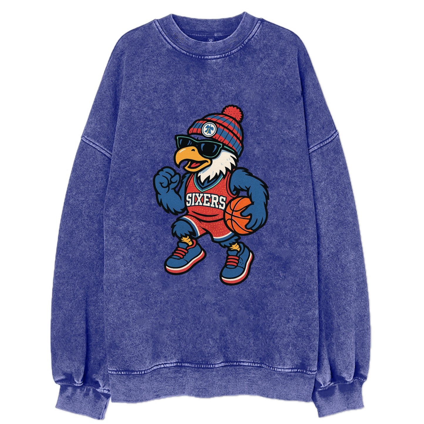 Philadelphia Eagle wearing 76ers red white and blue beanie with bell patch and - Vintage Sweatshirt - Blue