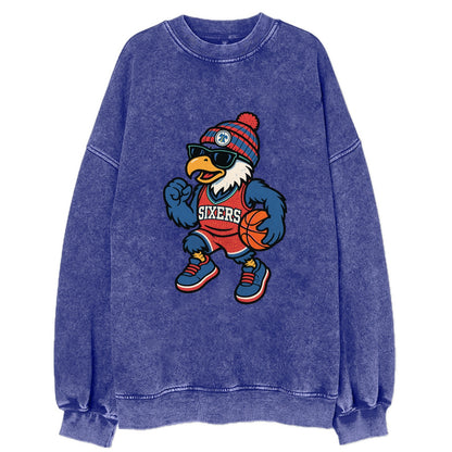Philadelphia Eagle wearing 76ers red white and blue beanie with bell patch and - Vintage Sweatshirt - Blue