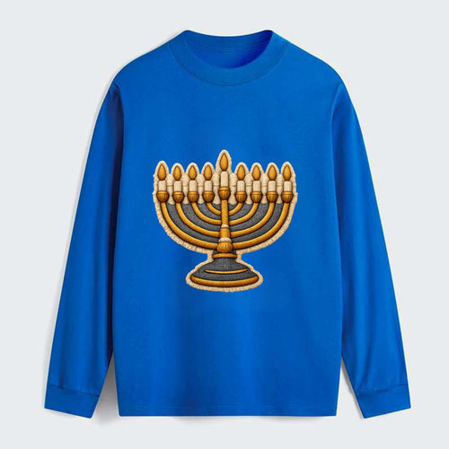 MENORAH LIGHTS - nine branch candelabra in gold and blue , Hanukkah - Classic Long Sleeve Shirt