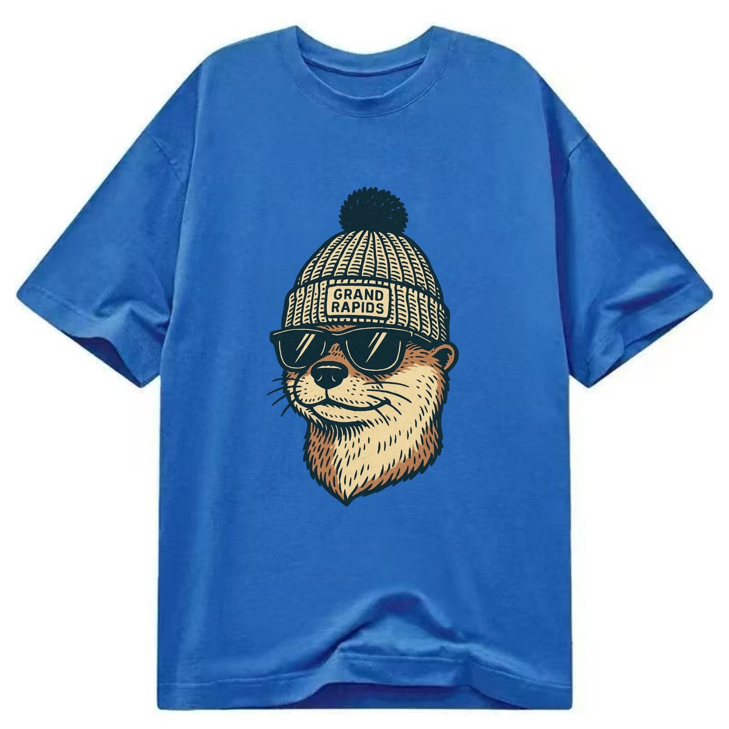 Grand Rapids River Otter wearing Grand Rapids beanie with pom pom and wayfarer - Classic T-shirt - Blue