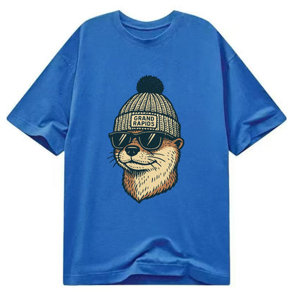 Grand Rapids River Otter wearing Grand Rapids beanie with pom pom and wayfarer - Classic T-shirt - Blue