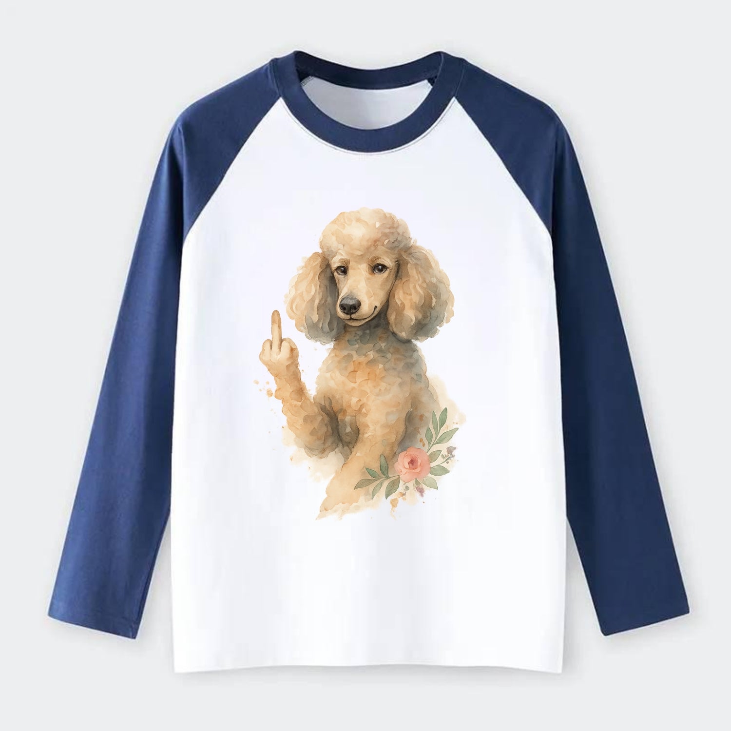 Standard Poodle with curly styled coat, intelligent face, fancy paw - Raglan Long Sleeve T-Shirt - Blue