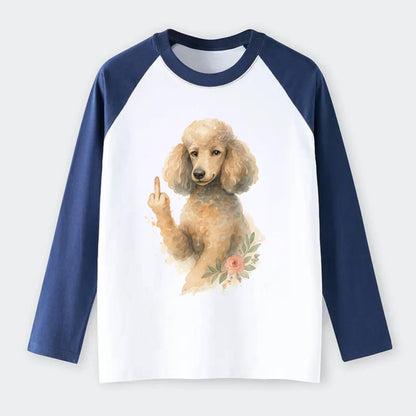 Standard Poodle with curly styled coat, intelligent face, fancy paw - Raglan Long Sleeve T-Shirt - Blue