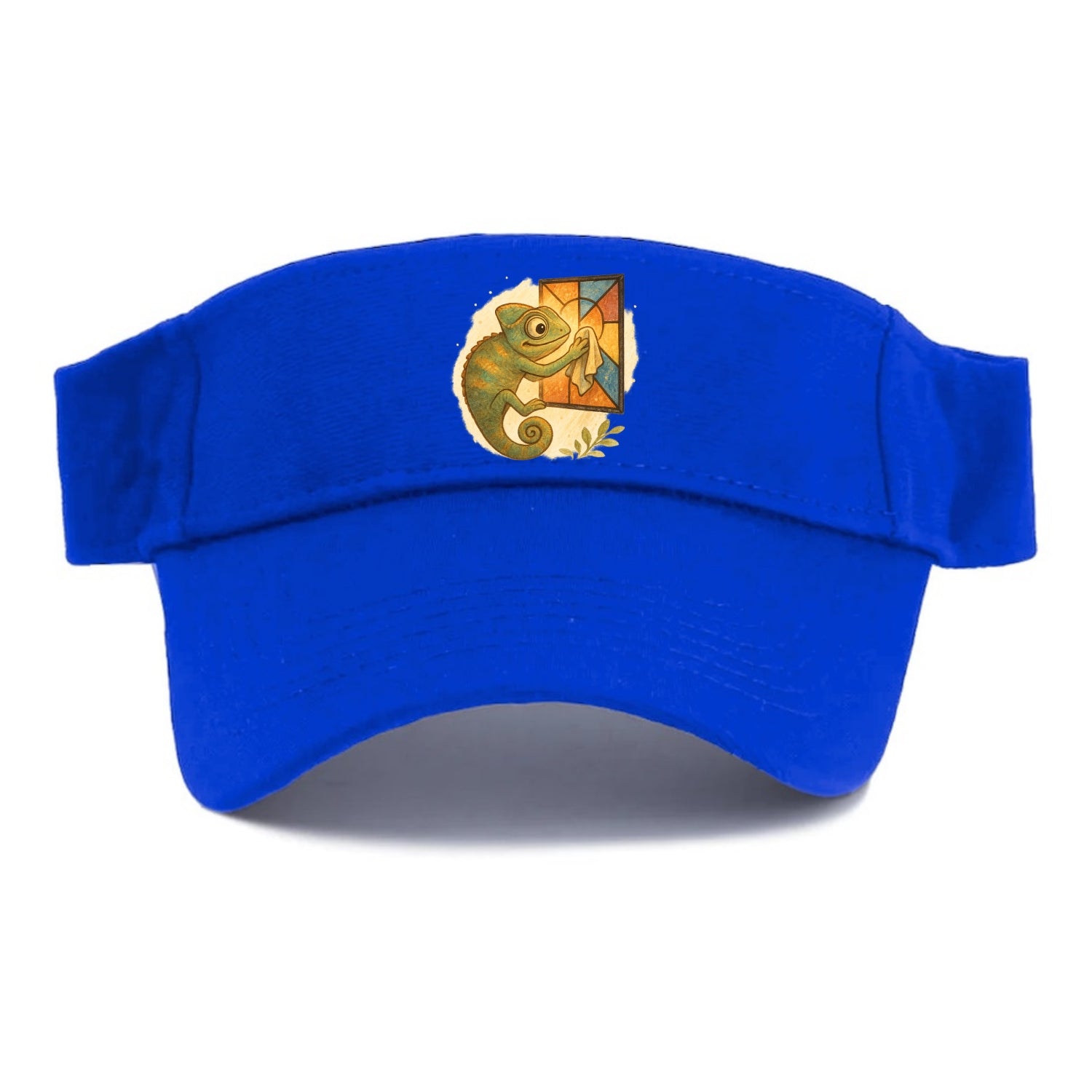 Chameleon blending into a stained-glass window it is polishing with delicate cloths - Visor - Blue