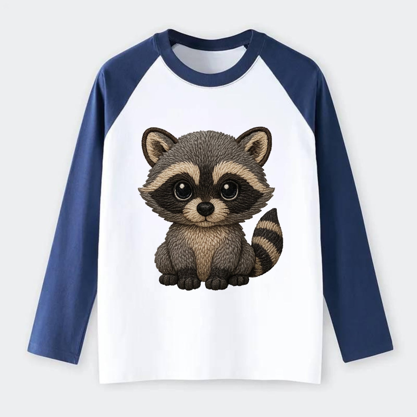 Baby Raccoon - gray fur, black mask, ringed tail, bright curious eyes, - Raglan Long Sleeve T-Shirt - Blue