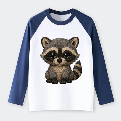 Baby Raccoon - gray fur, black mask, ringed tail, bright curious eyes, - Raglan Long Sleeve T-Shirt - Blue