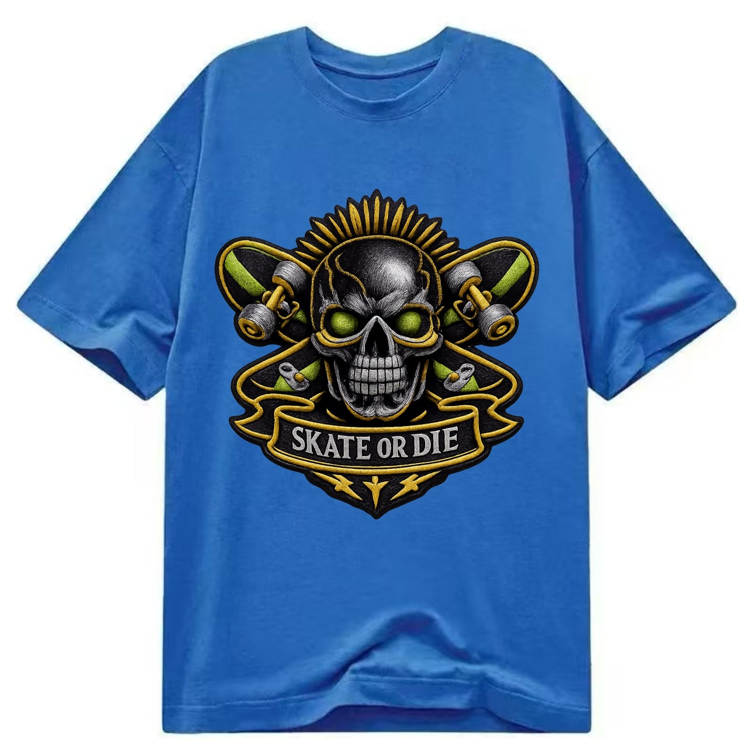 Embroidered patch design - SKATEBOARD SKULL - skull with skateboard in black and - Classic T-shirt - Blue