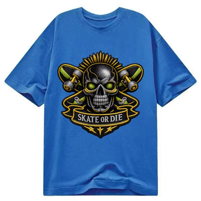 Embroidered patch design - SKATEBOARD SKULL - skull with skateboard in black and - Classic T-shirt - Blue