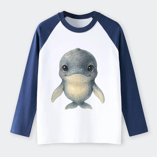 Baby Humpback Whale - dark gray with white flippers, large gentle - Raglan Long Sleeve T-Shirt - Blue