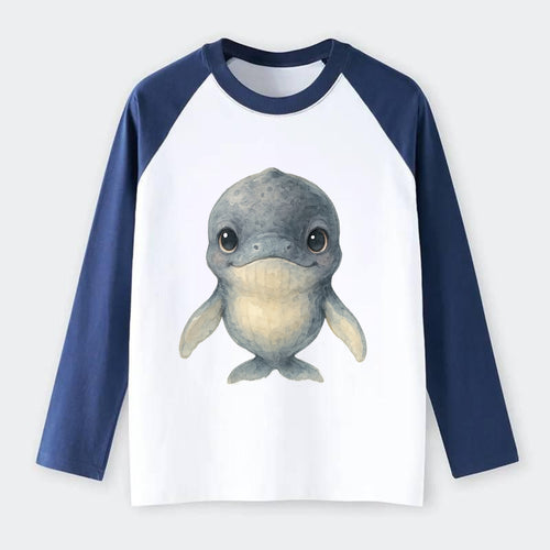 Baby Humpback Whale - dark gray with white flippers, large gentle - Raglan Long Sleeve T-Shirt