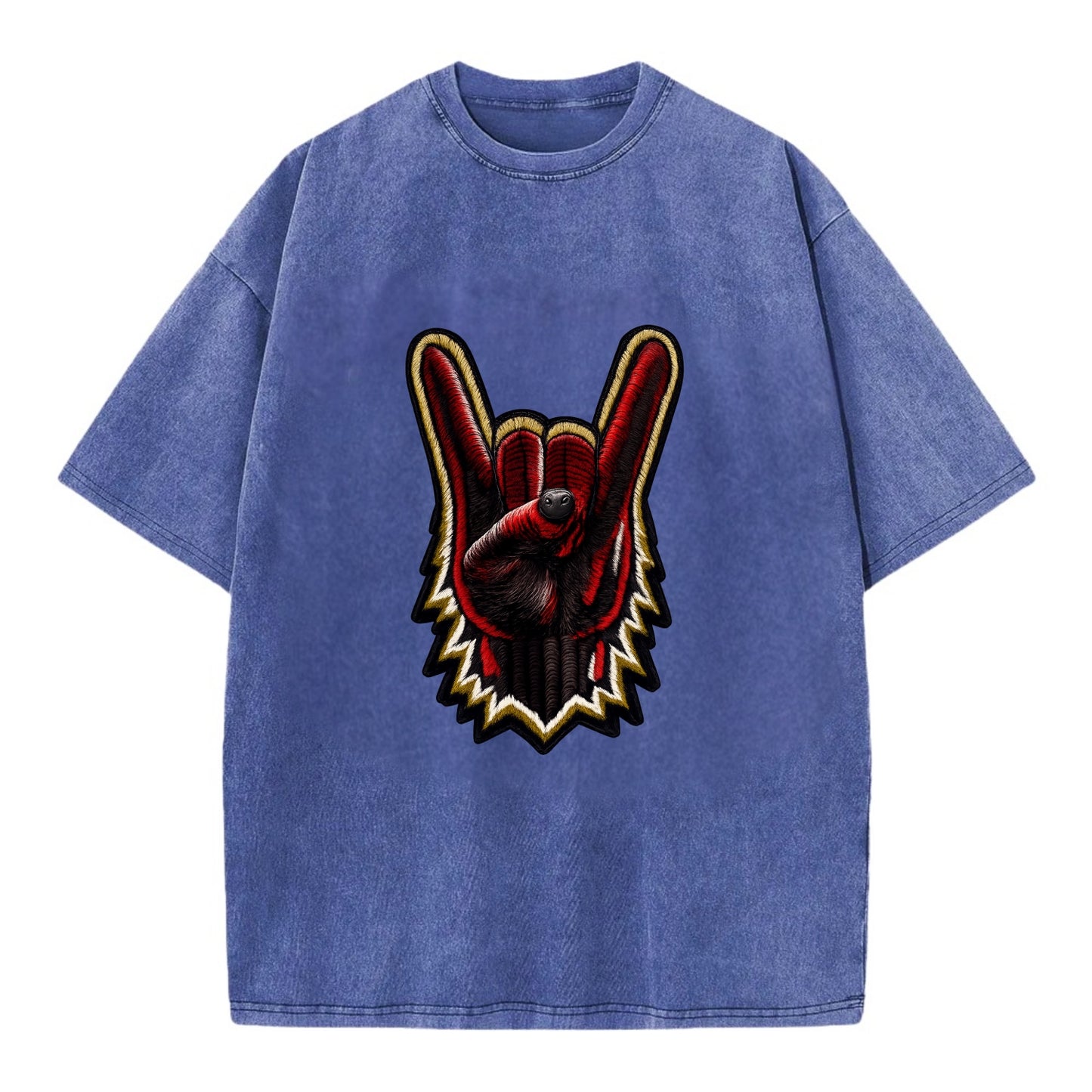 ROCK HAND HORNS - devil horns hand gesture in black and red , metal music - Vintage T-shirt - Blue