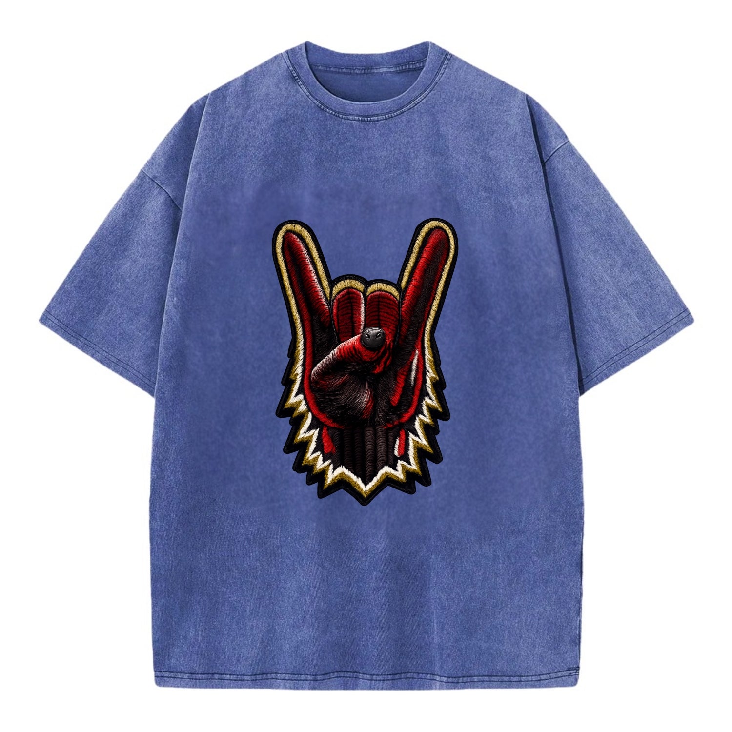 ROCK HAND HORNS - devil horns hand gesture in black and red , metal music - Vintage T-shirt - Blue