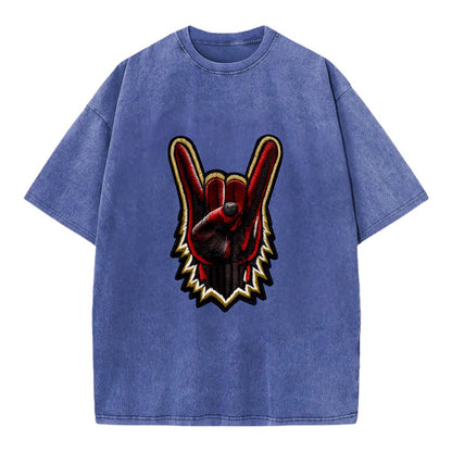 ROCK HAND HORNS - devil horns hand gesture in black and red , metal music - Vintage T-shirt - Blue