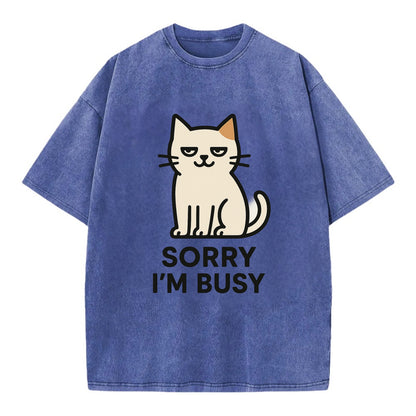 Cat sitting alone looking content - "SORRY I'M BUSY" - not sorry at all - Vintage T-shirt - Blue