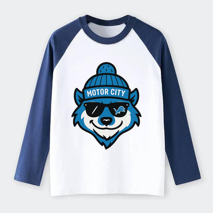 Motor City Wolverine wearing Lions beanie with gear patch and wayfarer - Raglan Long Sleeve T-Shirt - Blue