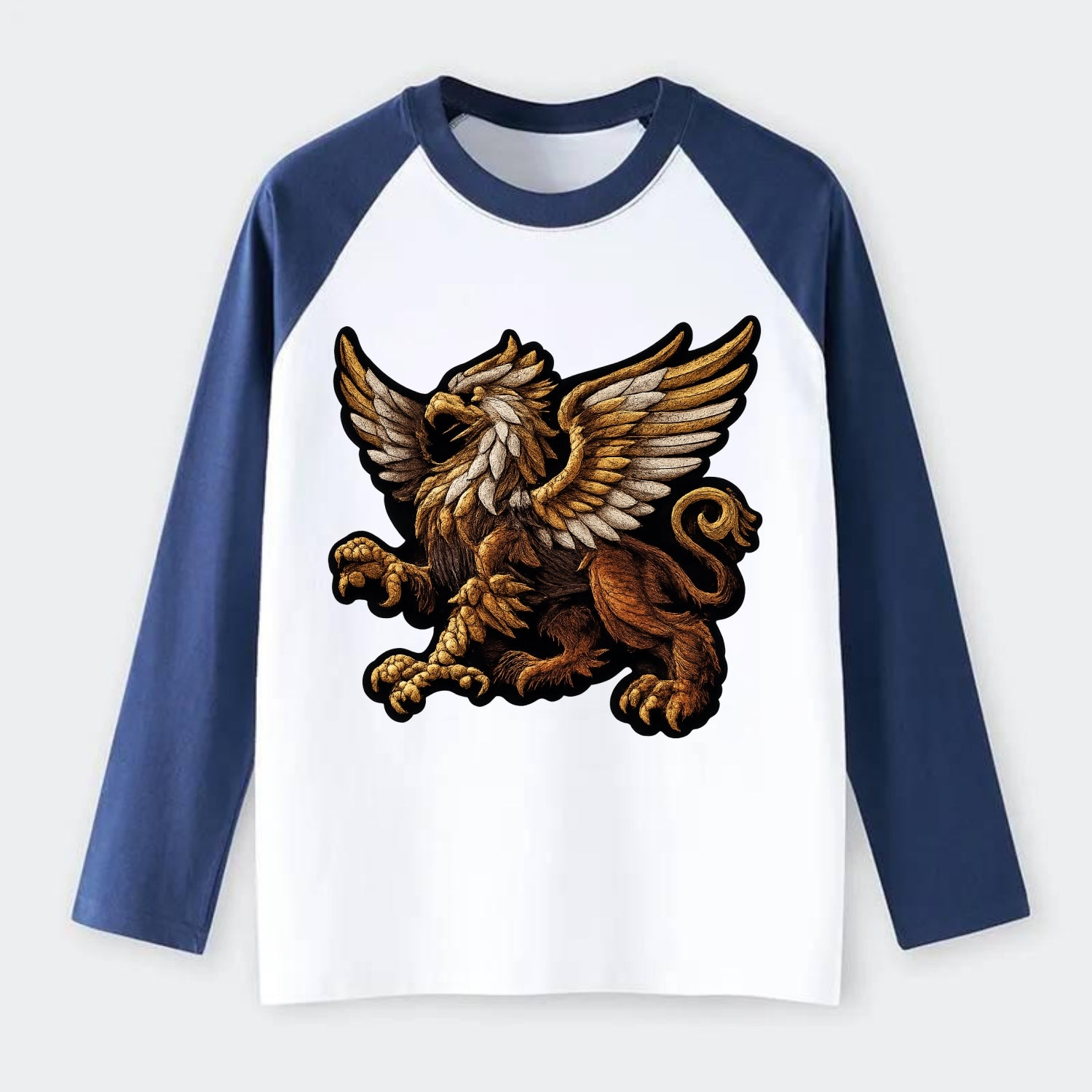 GRIFFIN BEAST - lion eagle hybrid in gold and brown , heraldic - Raglan Long Sleeve T-Shirt - Blue
