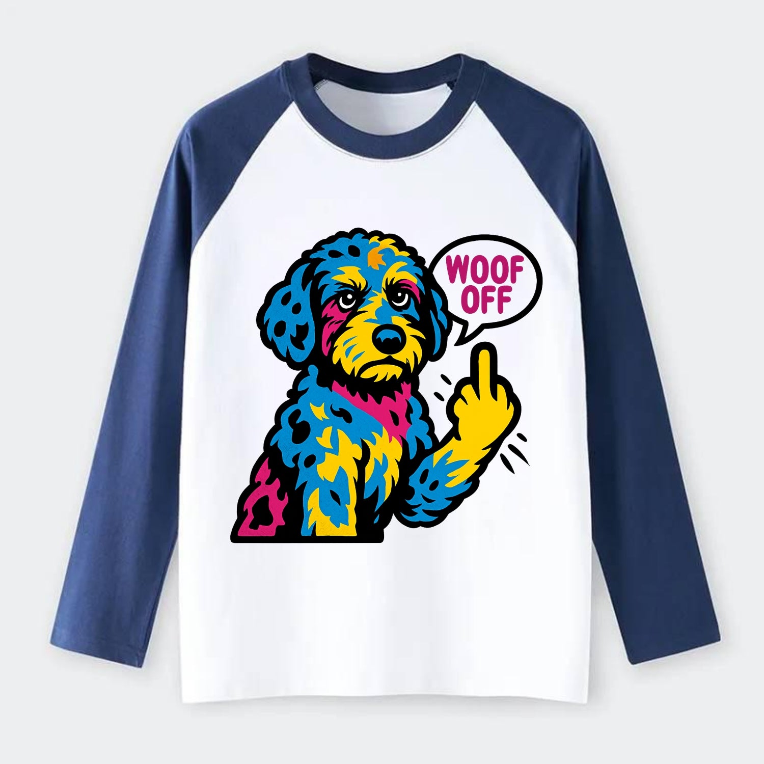 Aussiedoodle with merle patches and curly coat, playful smart paw - Raglan Long Sleeve T-Shirt - Blue