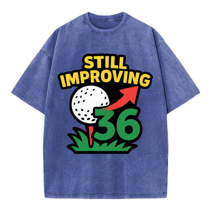 Handicap number getting higher with arrow - "Still Improving" - optimistic - Vintage T-shirt - Blue