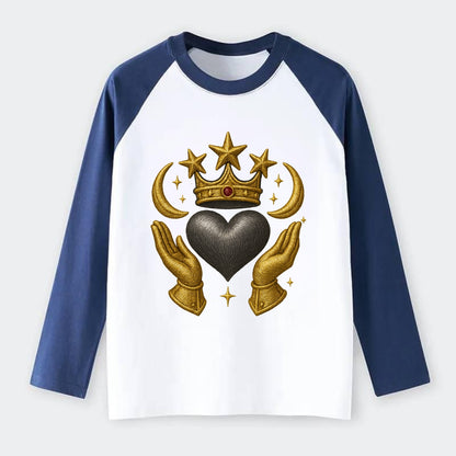 Sun goddess crown radiating golden rays over a midnight heart with - Raglan Long Sleeve T-Shirt - Blue
