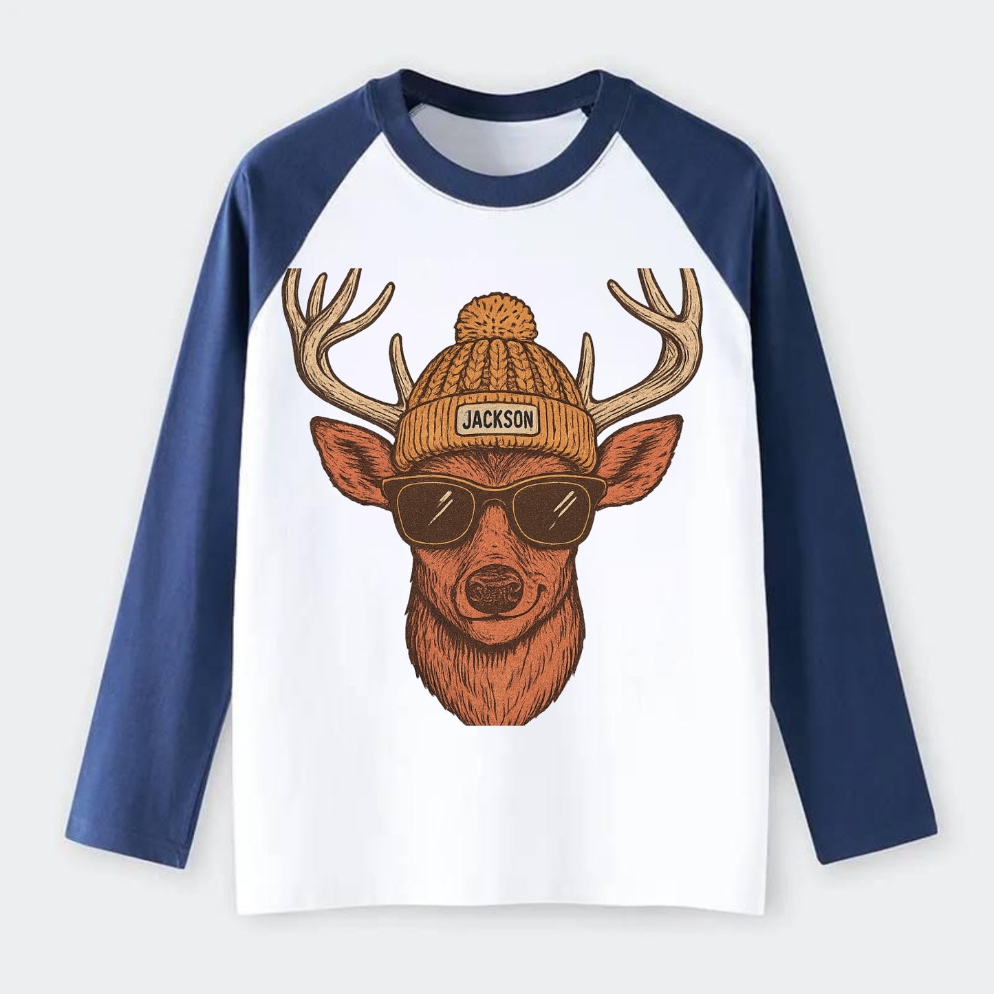 Mississippi White-tailed Deer wearing Jackson beanie with pom pom and - Raglan Long Sleeve T-Shirt - Blue