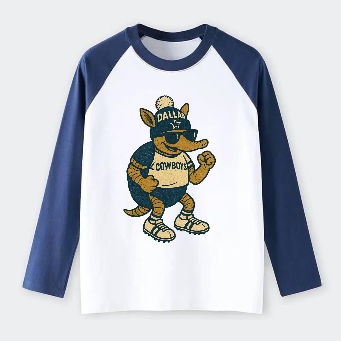 Dallas Armadillo wearing Cowboys beanie with lone star patch and - Raglan Long Sleeve T-Shirt - Blue