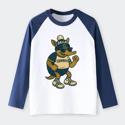 Dallas Armadillo wearing Cowboys beanie with lone star patch and - Raglan Long Sleeve T-Shirt