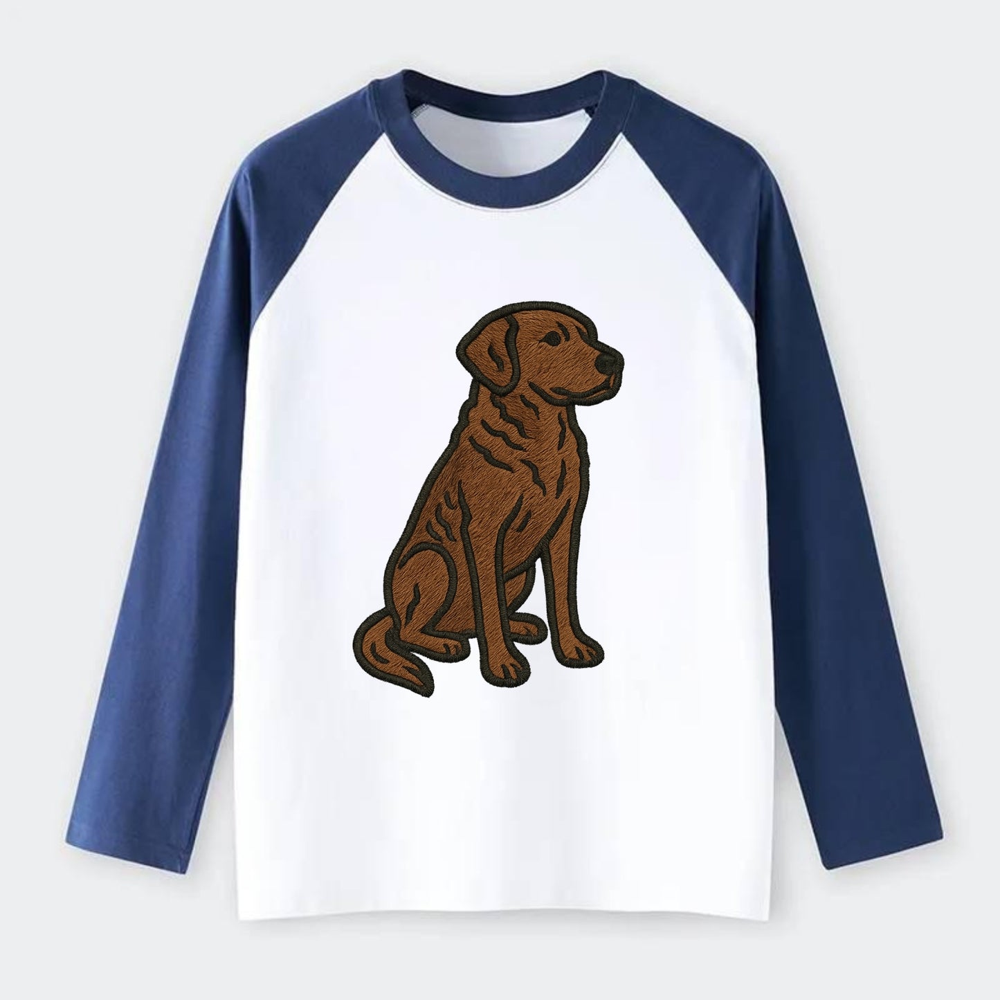 Chesapeake Bay Retriever - Brown wavy coat embroidered sitting pose - Raglan Long Sleeve T-Shirt - Blue