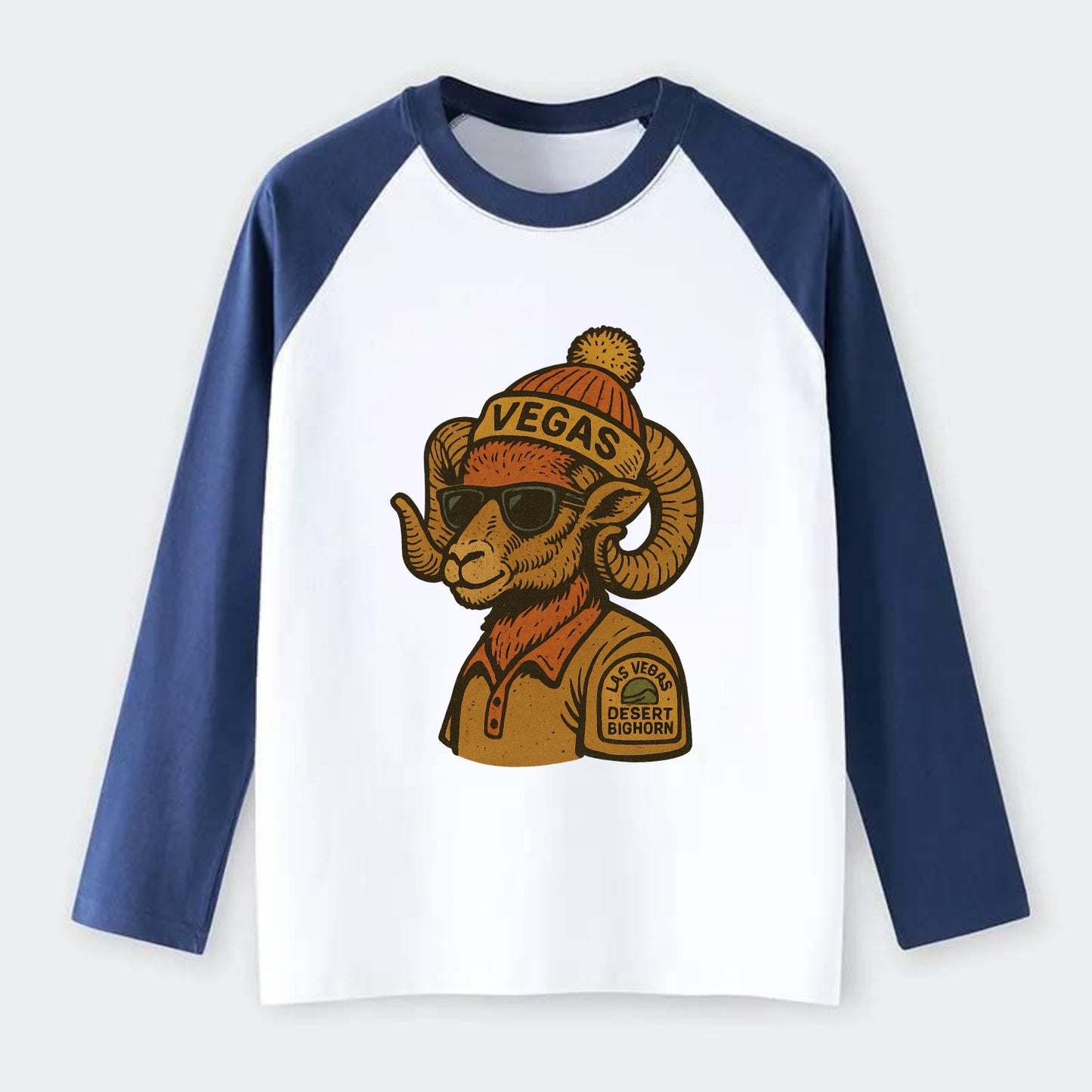 Las Vegas Desert Bighorn wearing Vegas beanie with pom pom and - Raglan Long Sleeve T-Shirt - Blue