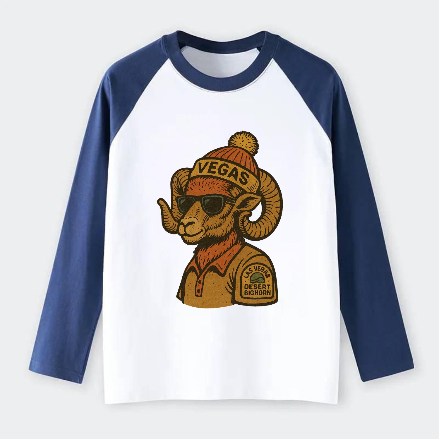 Las Vegas Desert Bighorn wearing Vegas beanie with pom pom and - Raglan Long Sleeve T-Shirt - Blue