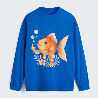 chubby goldfish blowing bubbles, one fin extended like middle finger - Classic Long Sleeve Shirt - Blue
