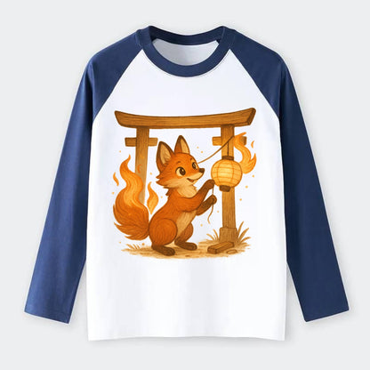 Foxfire kitsune stringing lanterns along a torii gate with tails of - Raglan Long Sleeve T-Shirt - Blue