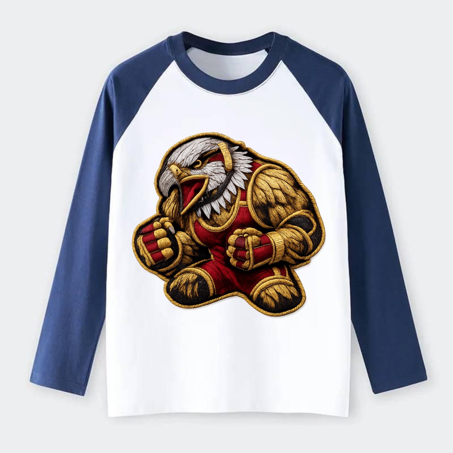 Embroidered patch design - WRESTLING EAGLE - fierce eagle with - Raglan Long Sleeve T-Shirt - Blue