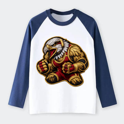Embroidered patch design - WRESTLING EAGLE - fierce eagle with - Raglan Long Sleeve T-Shirt - Blue