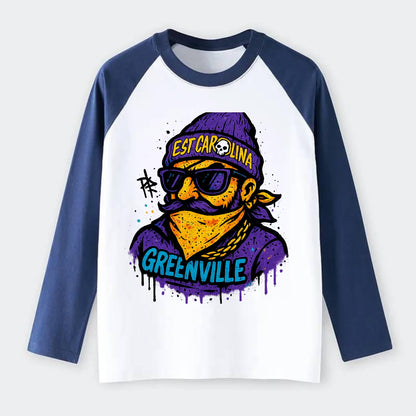 Greenville Pirate wearing East Carolina beanie with skull patch - Raglan Long Sleeve T-Shirt - Blue