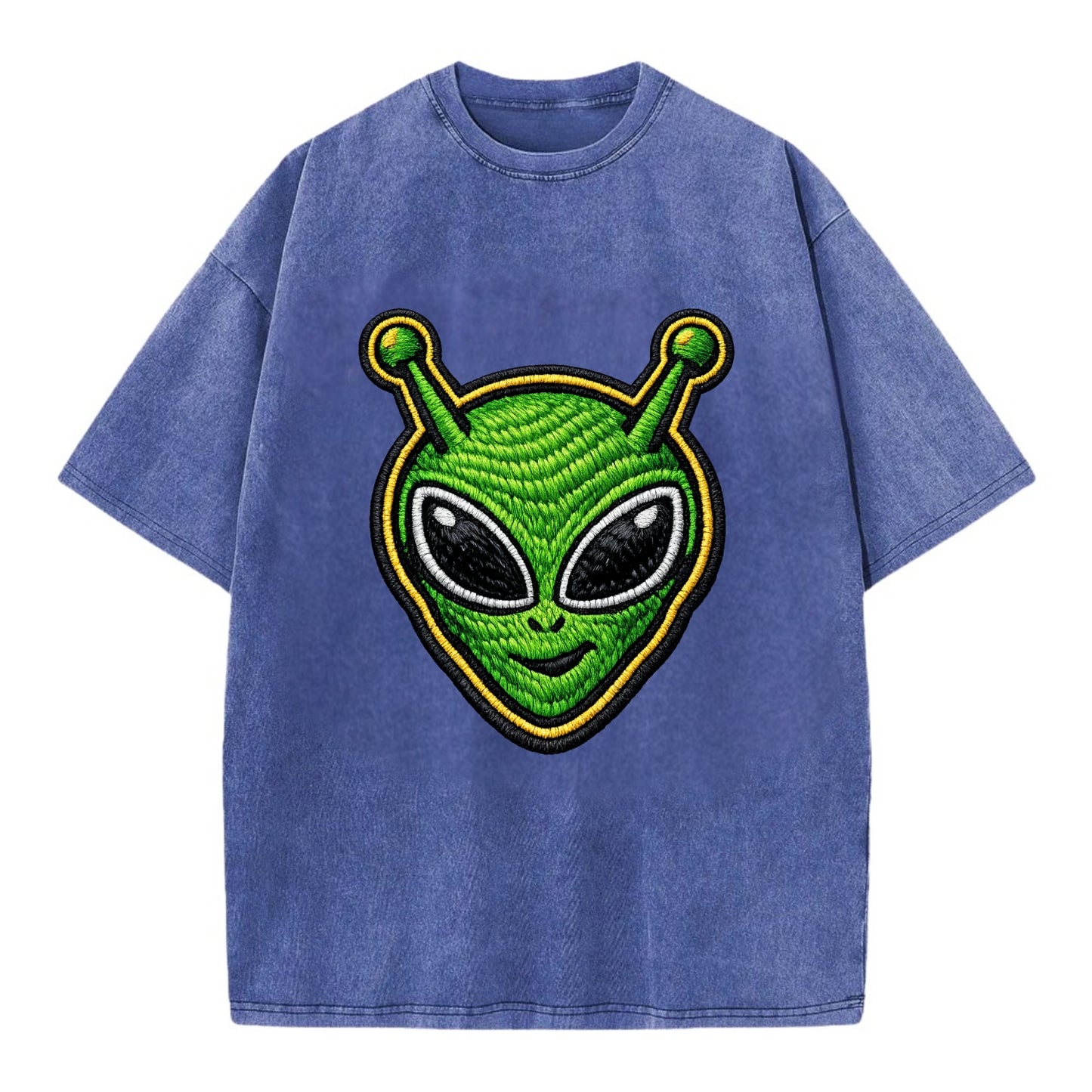 ALIEN MARTIAN - green alien with antenna in green , little green man - Vintage T-shirt - Blue