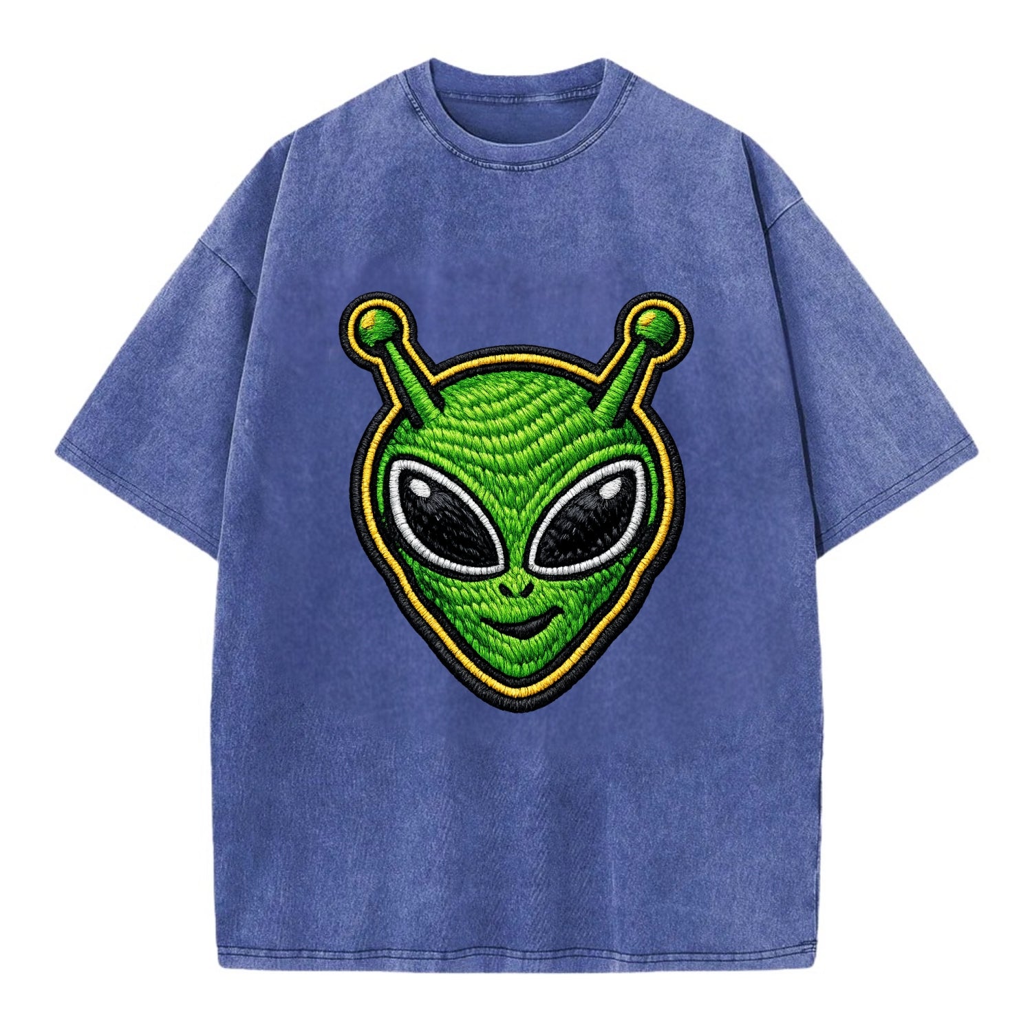 ALIEN MARTIAN - green alien with antenna in green , little green man - Vintage T-shirt - Blue