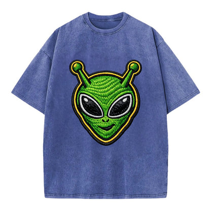 ALIEN MARTIAN - green alien with antenna in green , little green man - Vintage T-shirt - Blue