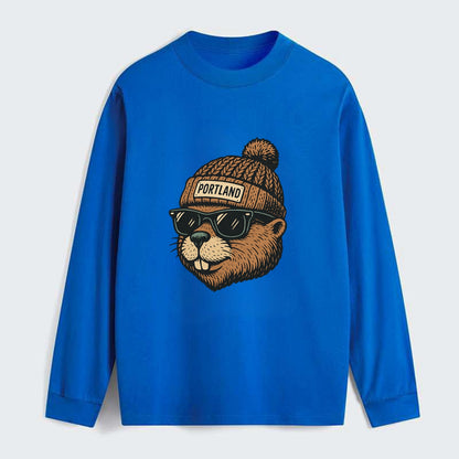 Portland Beaver wearing Portland beanie with pom pom and wayfarer - Classic Long Sleeve Shirt - Blue