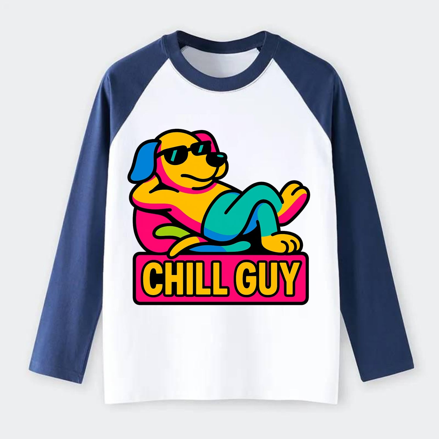 Super relaxed dog character lounging unbothered - "Chill Guy" meme - Raglan Long Sleeve T-Shirt - Blue