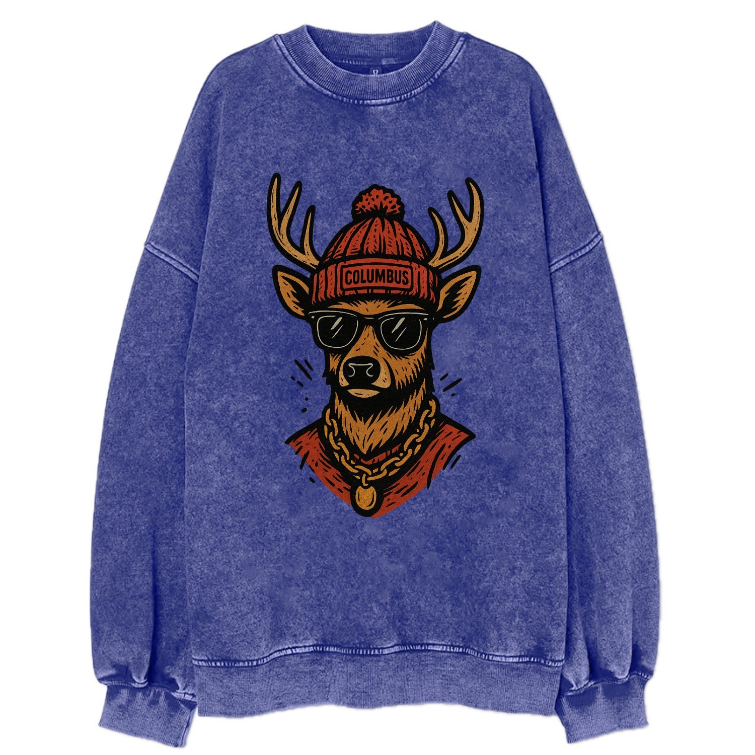 Columbus White-tailed Deer wearing Columbus beanie with pom pom and wayfarer - Vintage Sweatshirt - Blue
