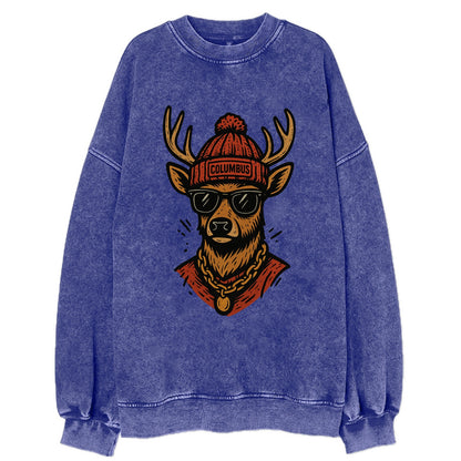 Columbus White-tailed Deer wearing Columbus beanie with pom pom and wayfarer - Vintage Sweatshirt - Blue